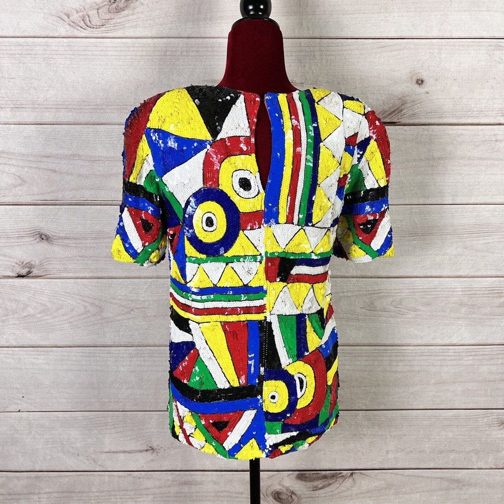 Vtg Cache Sequin 80s Color Block Blouse Shoulder … - image 2